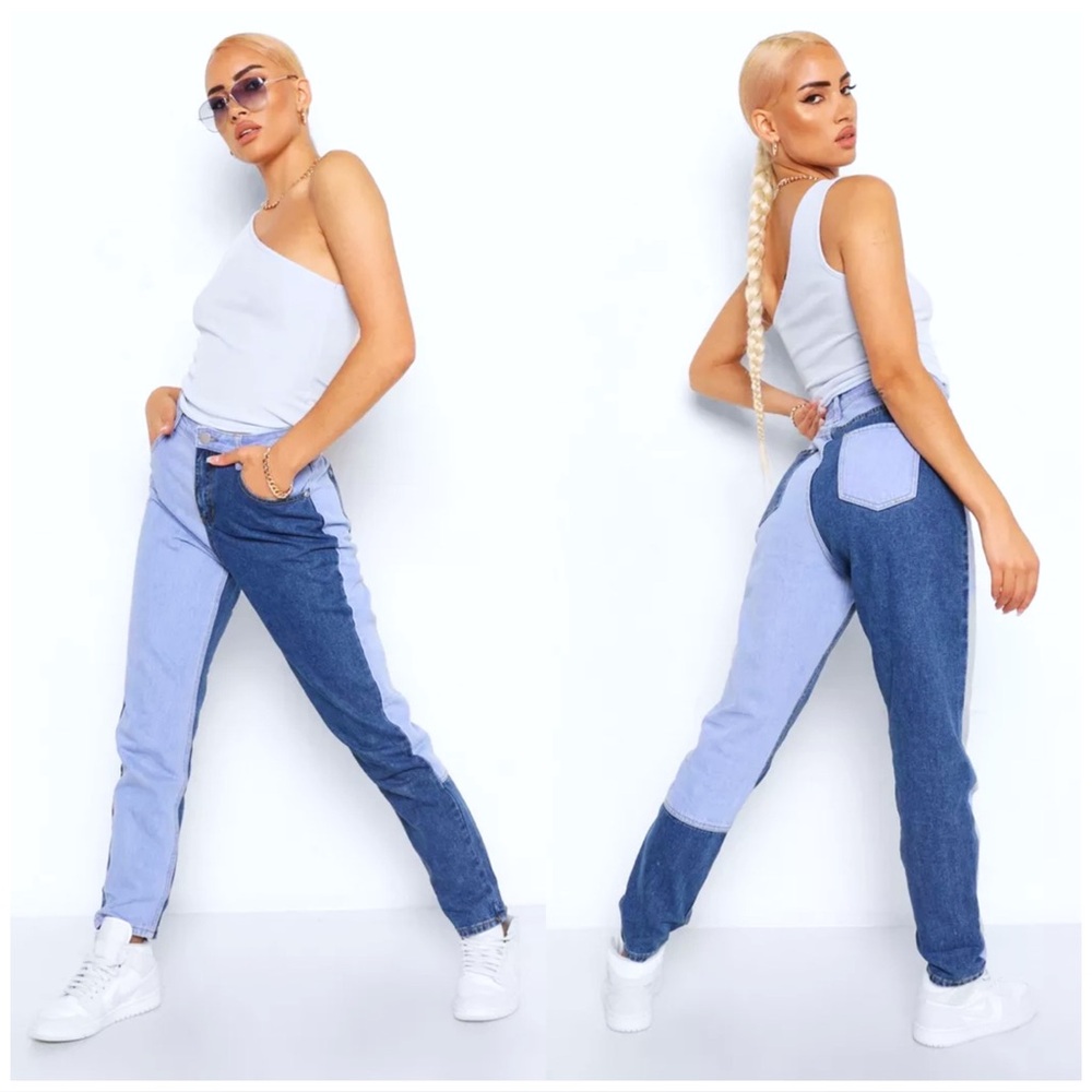 NWT Boohoo : size : 12 : two-tone color-block high waist boyfriend denim jeans